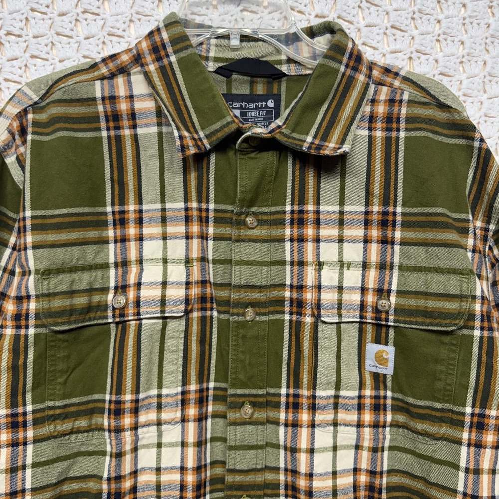 Carhartt Men's Shirt Sz L Tall Loose Fit Heavyweight Flannel Plaid Olive Cream